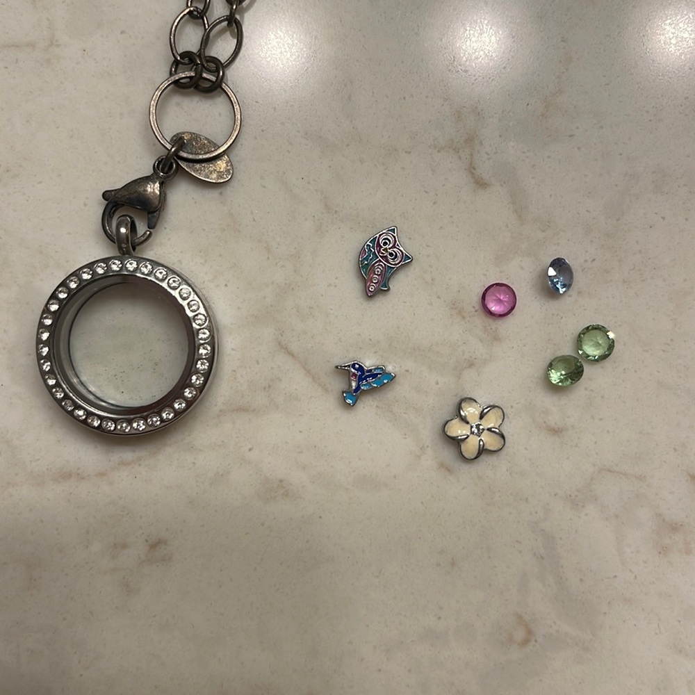 Origami Owl - Necklace and charms - owl, hummingbird, flower and gems.